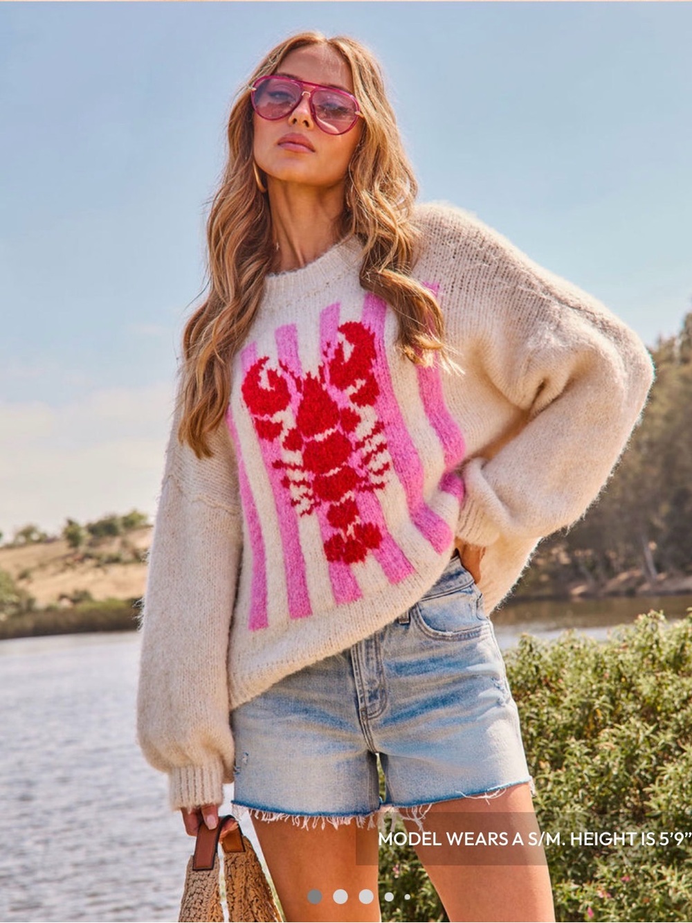 Vici Cream Crewneck Sweater with Pink Stripes & Red Lobster